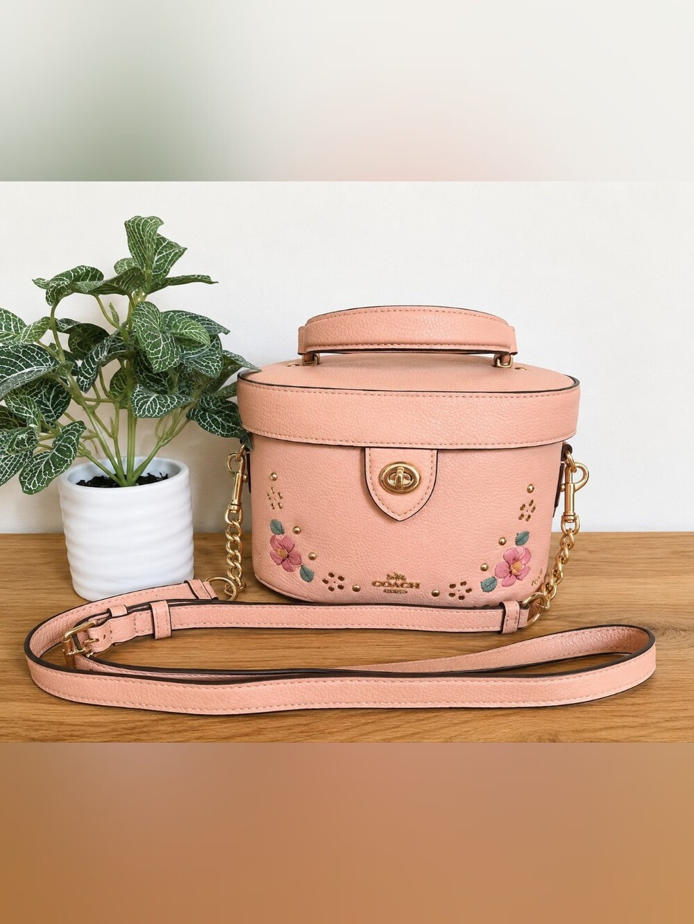 Coach Peach Pink Floral Leather Crossbody Vanity Case